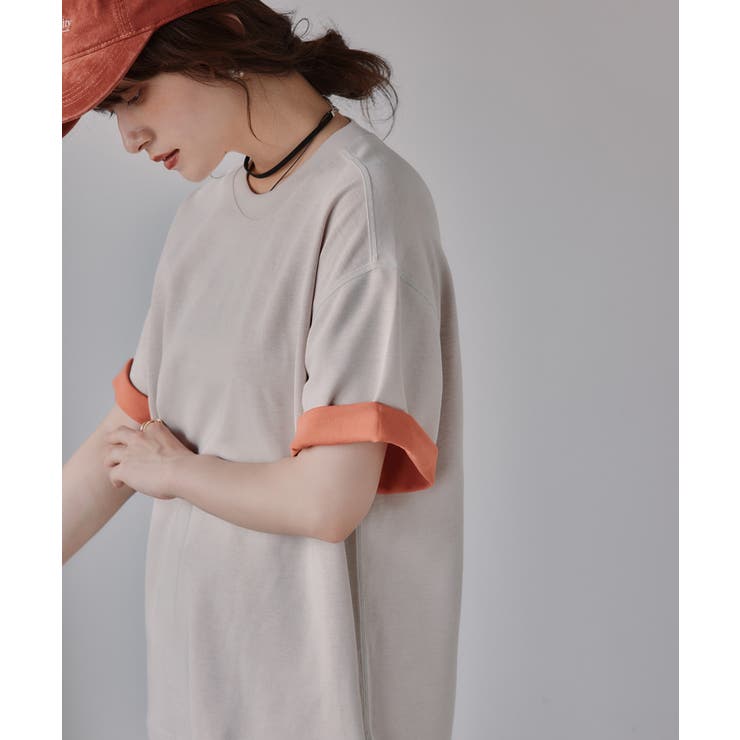 ベージュ | バイカラー ロールアップ Tシャツ | 210nouve