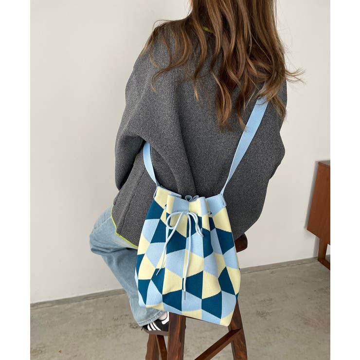 ブルー | 柄編みニットショルダーバッグ | 210nouve