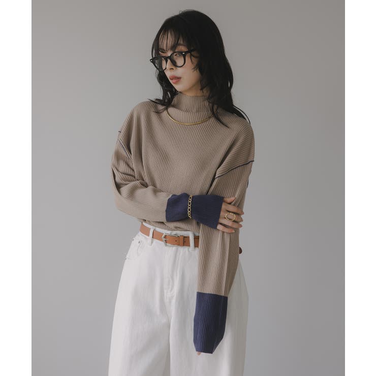 ベージュ | ハイネック バイカラー 配色 リブニット | 210nouve