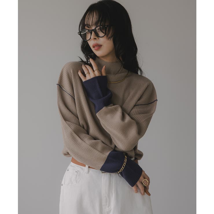 ハイネック バイカラー 配色 リブニット | 210nouve | 詳細画像2 