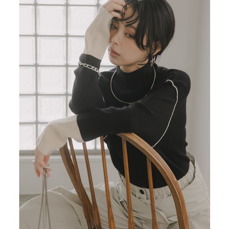 ブラック | ハイネック バイカラー 配色 リブニット | 210nouve