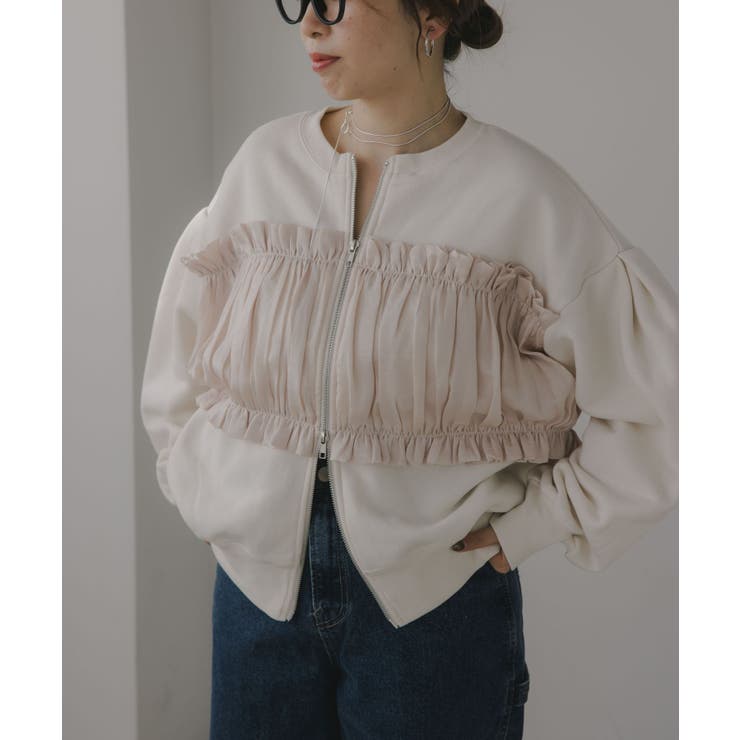 アイボリー | 異素材 レイヤード Wジップ カーディガン | 210nouve