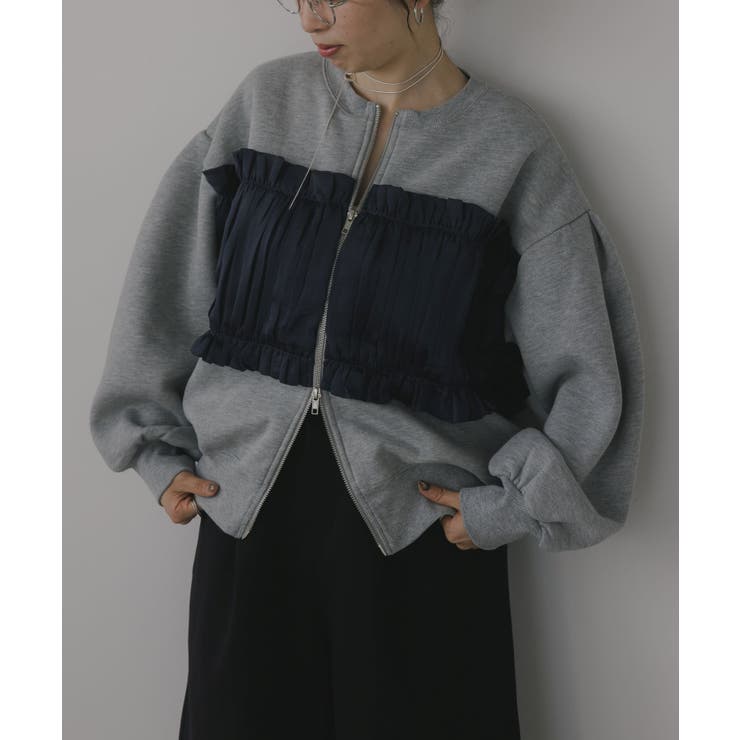 グレー | 異素材 レイヤード Wジップ カーディガン | 210nouve