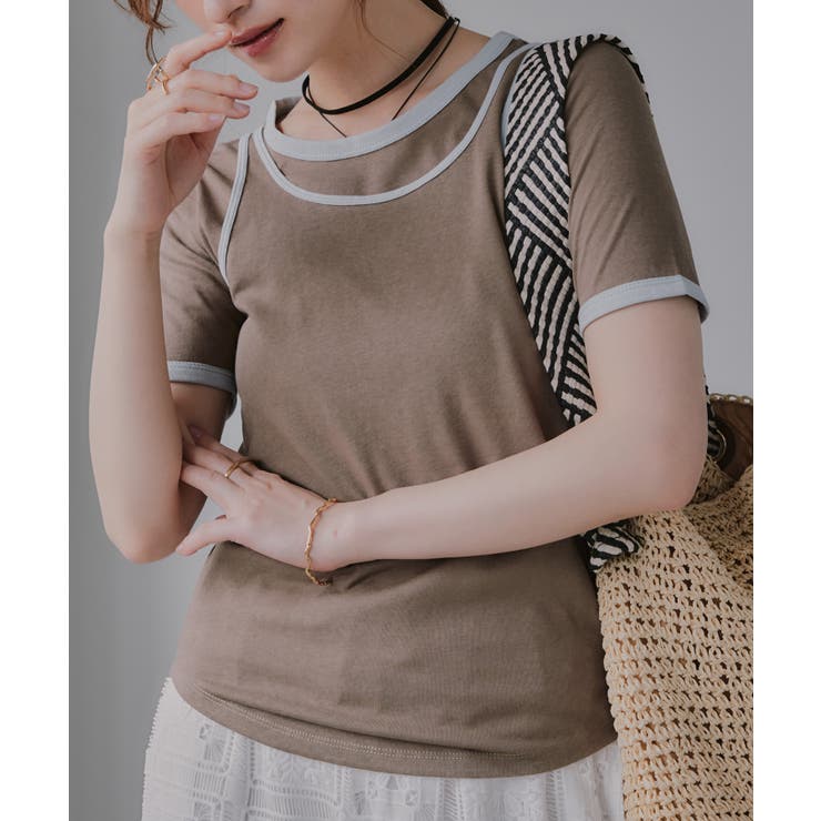 モカ | 【タンクセット】バイカラー レイヤード 半袖 Tシャツ | 210nouve