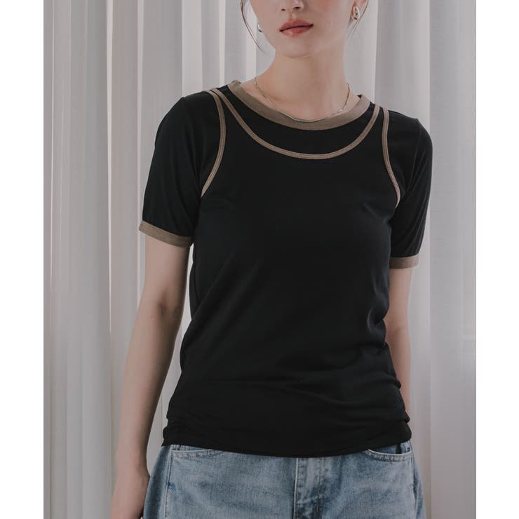 ブラック | 【タンクセット】バイカラー レイヤード 半袖 Tシャツ | 210nouve