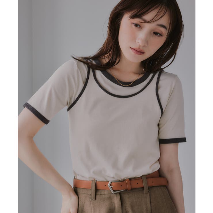 アイボリー | 【タンクセット】バイカラー レイヤード 半袖 Tシャツ | 210nouve