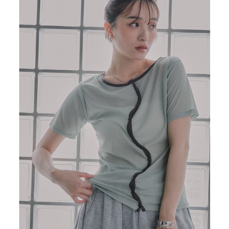 ウェーブボタン バイカラー  シアー Tシャツ | 210nouve | 詳細画像1 
