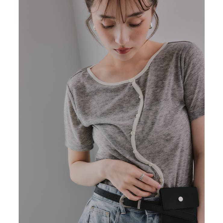 グレー | ウェーブボタン バイカラー  シアー Tシャツ | 210nouve