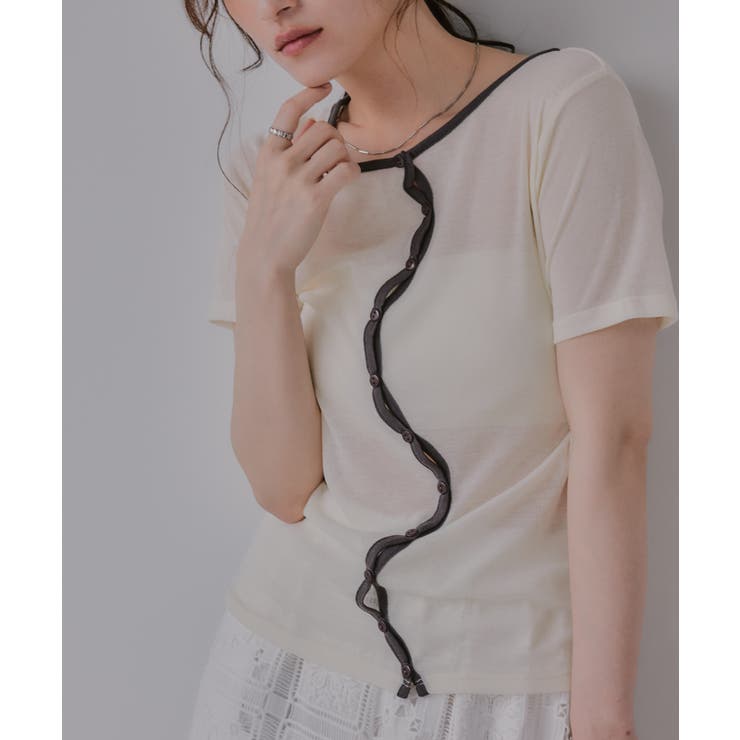 アイボリー | ウェーブボタン バイカラー  シアー Tシャツ | 210nouve