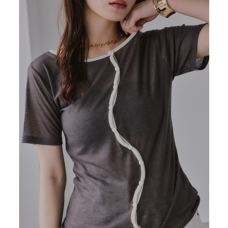チャコールグレー | ウェーブボタン バイカラー  シアー Tシャツ | 210nouve