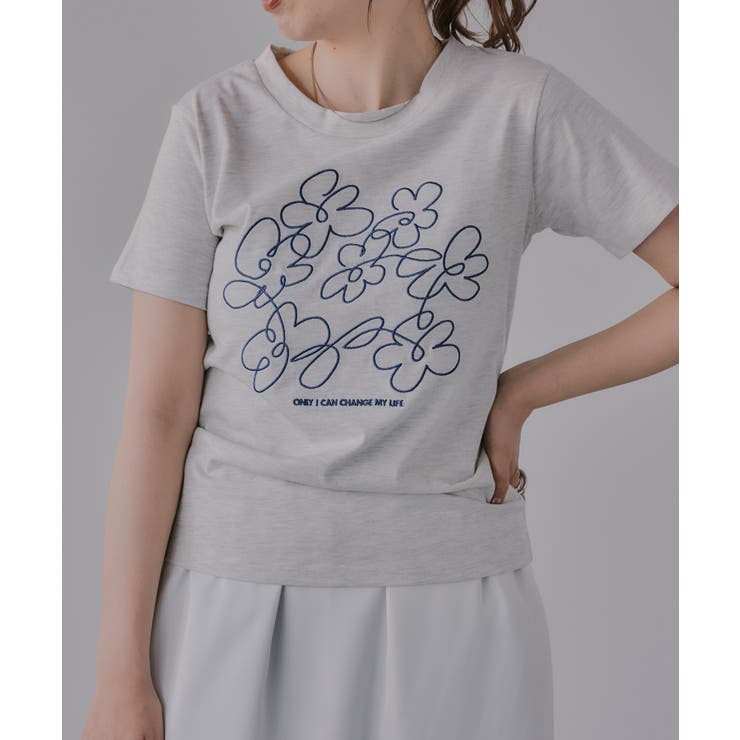 オートミール | フラワー 刺繍 Tシャツ | 210nouve