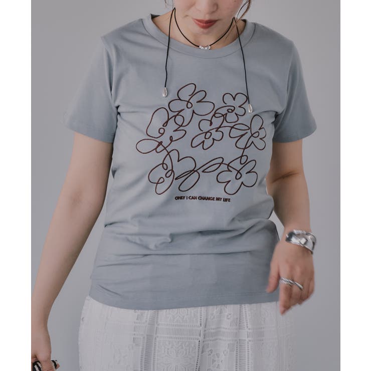 ミント | フラワー 刺繍 Tシャツ | 210nouve
