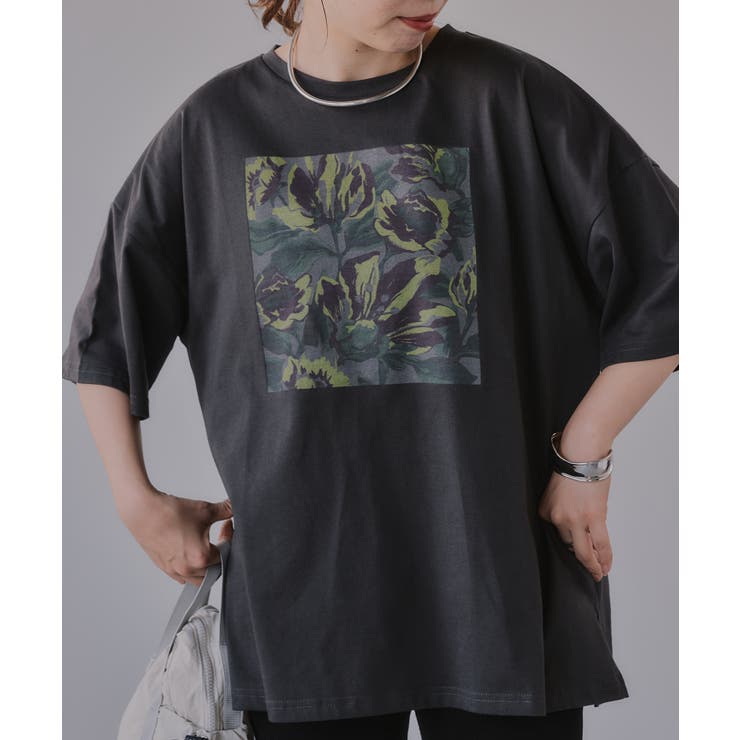 ブラック | フワラー アート オーバーサイズ Tシャツ | 210nouve