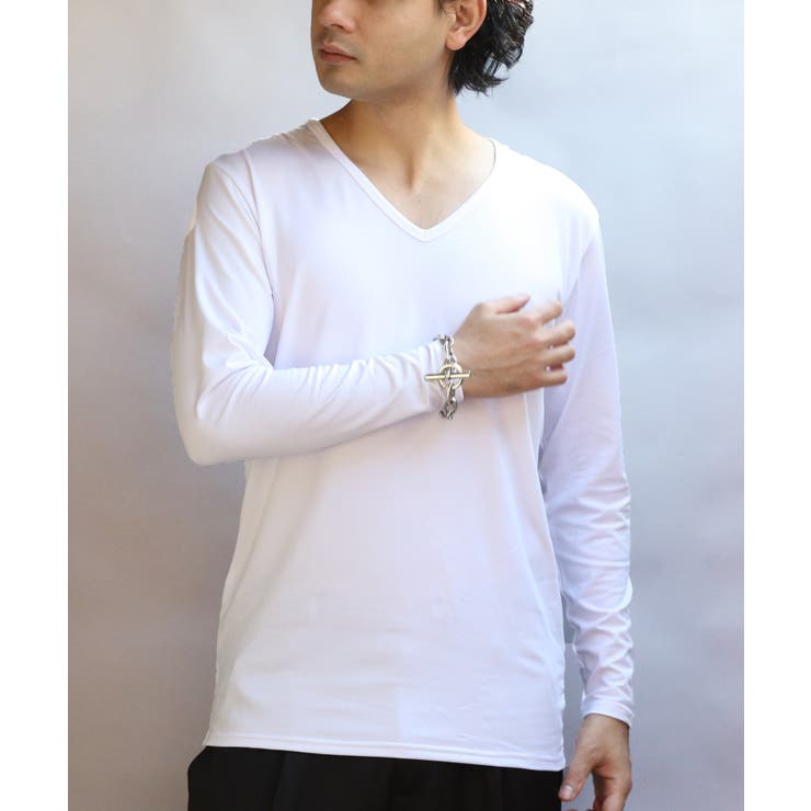 ホワイト | ストレッチVネックロンT メンズ Ｔシャツ ロング 裏起毛  | 8（eight） 