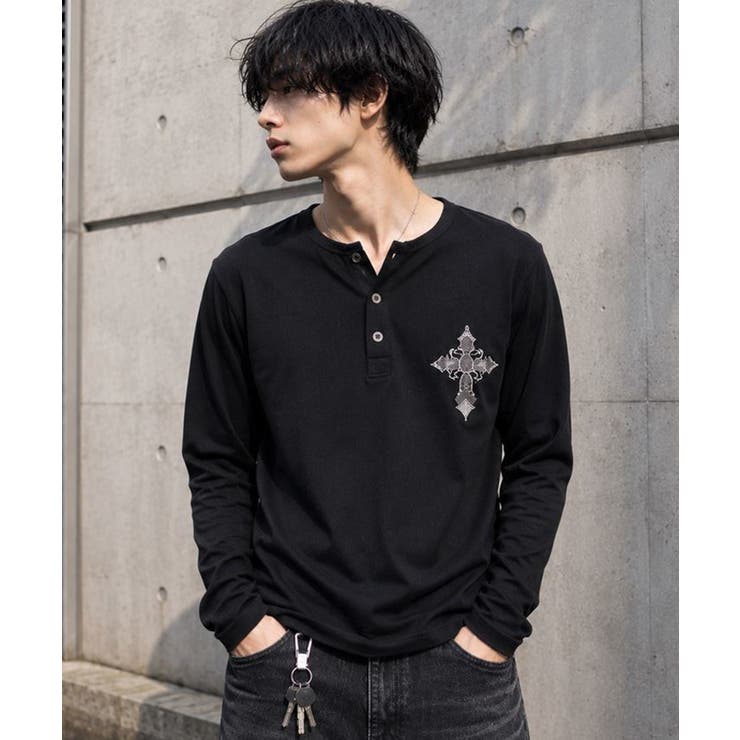 ブラック | ヘンリーネックTシャツ メンズ Tシャツ ライトストーン ロンT | 8（eight） 