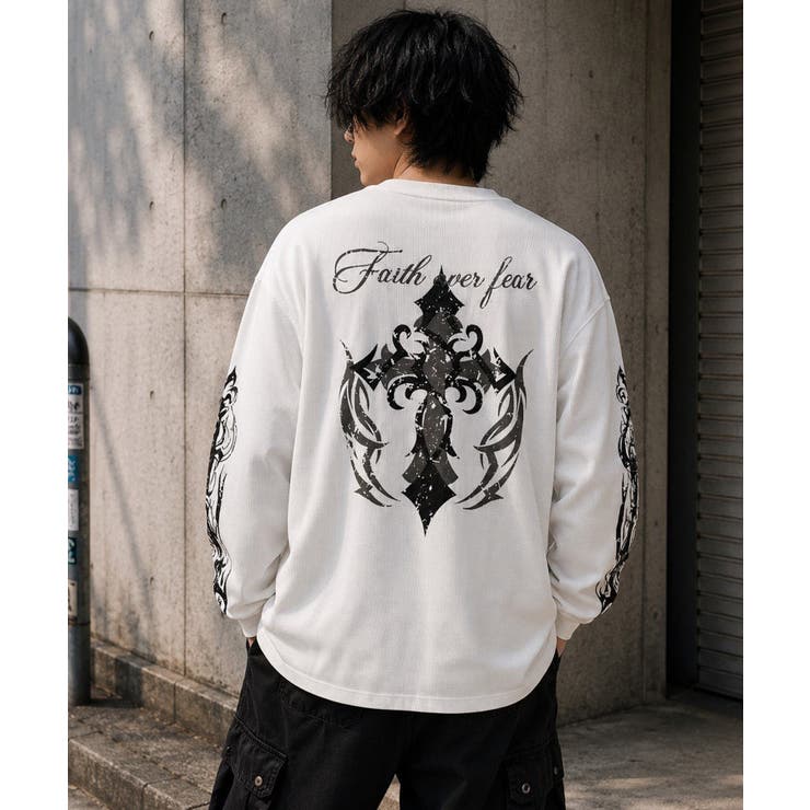 クロス×スカルプリント ワッフルロンT メンズ ロングＴシャツ 十字架 | 8（eight）  | 詳細画像1 