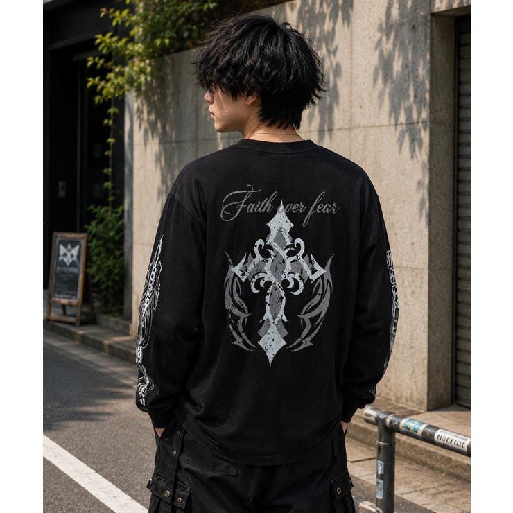 クロス×スカルプリント ワッフルロンT メンズ ロングＴシャツ 十字架 | 8（eight）  | 詳細画像2 