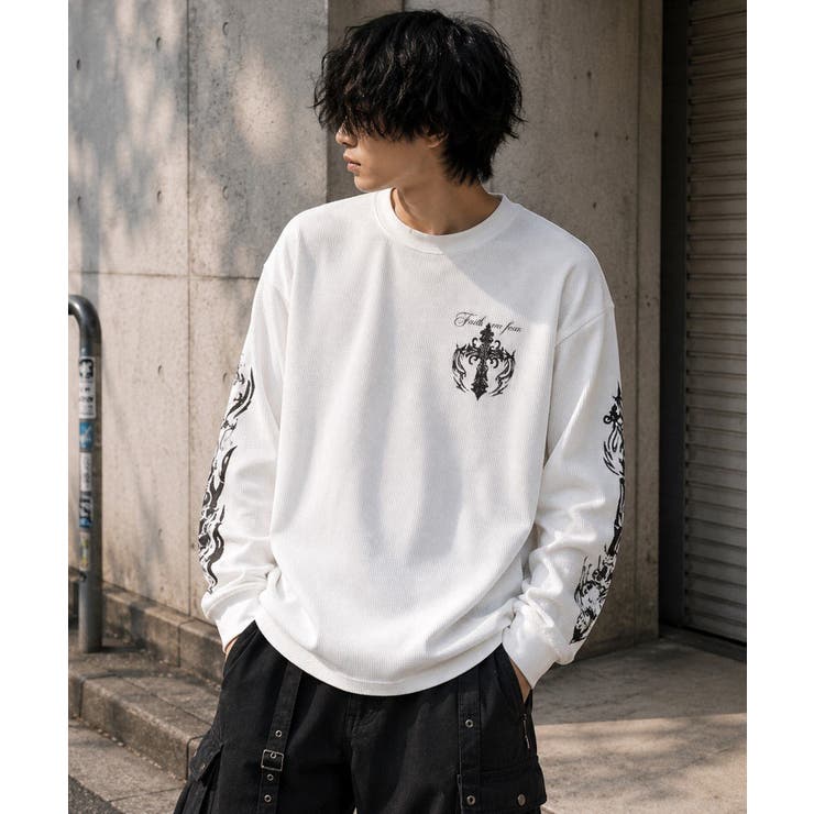 クロス×スカルプリント ワッフルロンT メンズ ロングＴシャツ 十字架 | 8（eight）  | 詳細画像3 