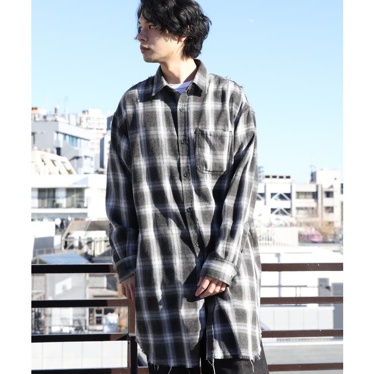 オンブレ ロング丈 ネルシャツ メンズ シャツ チェック柄 [品番