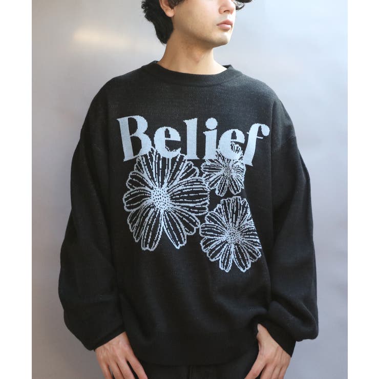 フラワージャガードクルーニット メンズ ニットセーター 花 [品番