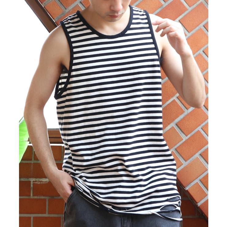オフ×ブラックボーダー | ダメージ加工 タンクトップ メンズ ヴィンテージ クラッシュ加工  | 8（eight） 