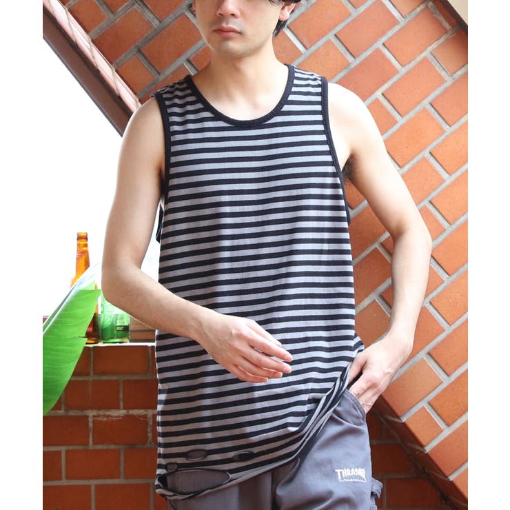 チャコール×ブラックボーダー | ダメージ加工 タンクトップ メンズ ヴィンテージ クラッシュ加工  | 8（eight） 