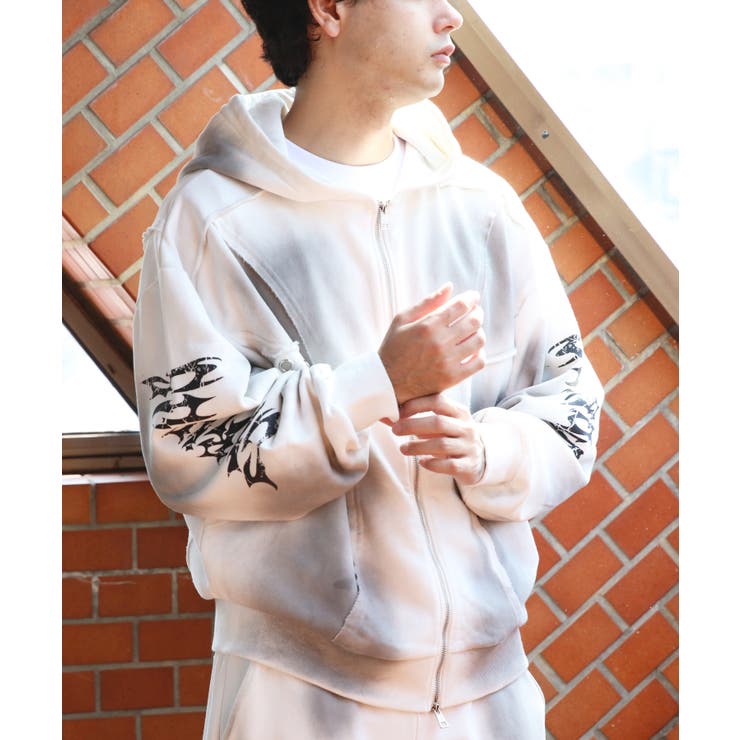 スプレー加工切り替えZIPパーカー メンズ パーカー ショート丈[品番