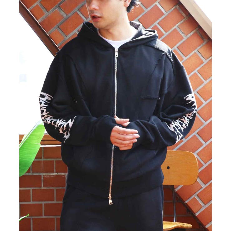 スプレー加工切り替えZIPパーカー メンズ パーカー ショート丈[品番