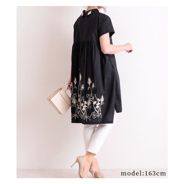 後ろ草花刺繍のふんわりコットンシャツチュニック【5月15日8時販売新作】