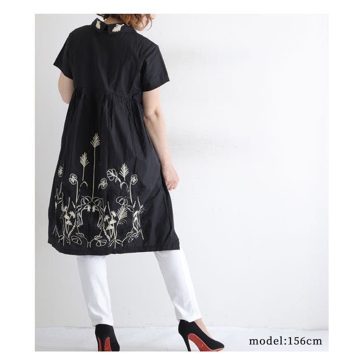 後ろ草花刺繍のふんわりコットンシャツチュニック【5月15日8時販売新作】