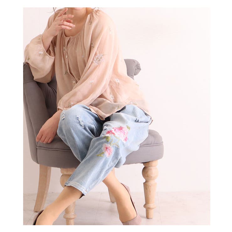 鮮やかな花刺繍付きストレートデニムパンツ。レディース ファッション パンツ | Sawa a la mode | 詳細画像6 