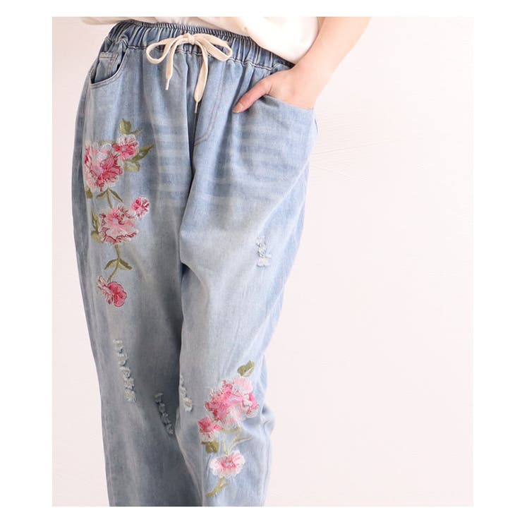 【花形のCOOO刺繍がキュート☆】シャネル デニムパンツ GEMEDA ジーンズ デニム デニムパンツ 花柄刺しゅうデニムパンツ