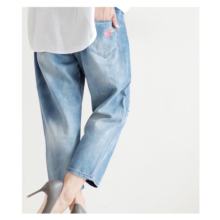 鮮やかな花刺繍付きストレートデニムパンツ。レディース ファッション パンツ | Sawa a la mode | 詳細画像10 