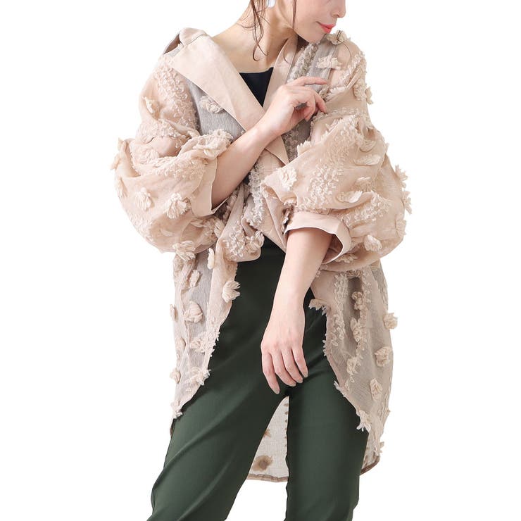 ベージュ | 花模様のぽわん袖シースルートップス レディース ファッション | Sawa a la mode