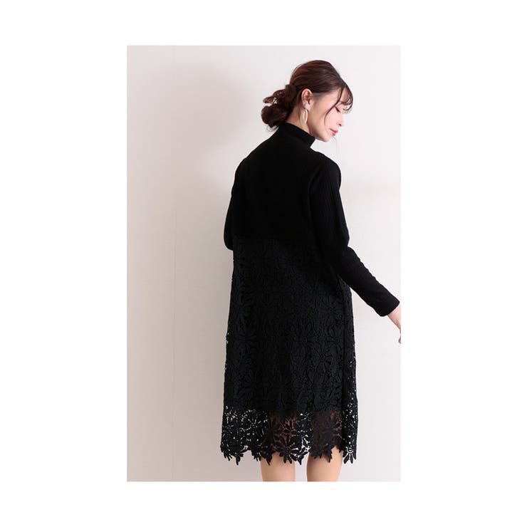花レース切り替えのハイネックワンピース【12月16日8時販売新作】