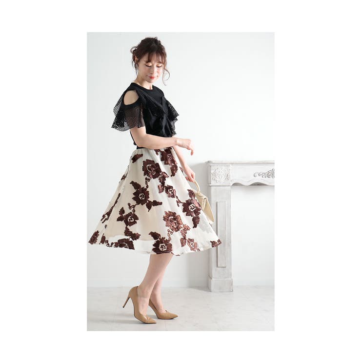 リボン刺繍の花模様フレアAラインスカート レディース ファッション