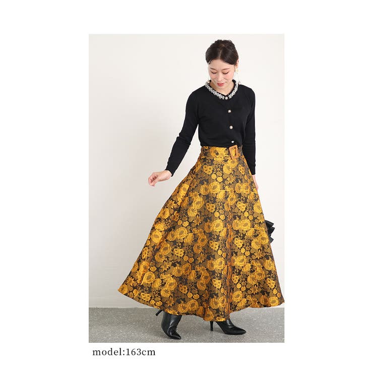 イエロー花柄ジャガードロングスカート レディースファッション 