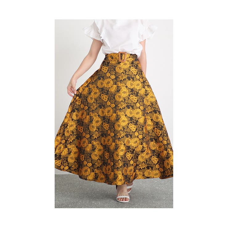 イエロー花柄ジャガードロングスカート レディースファッション スカート