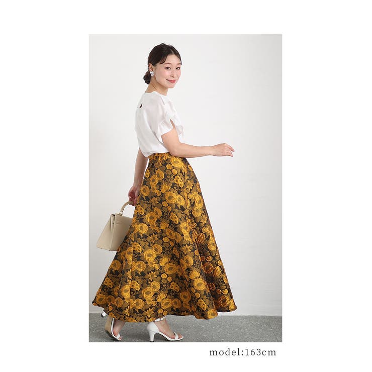 イエロー花柄ジャガードロングスカート レディースファッション
