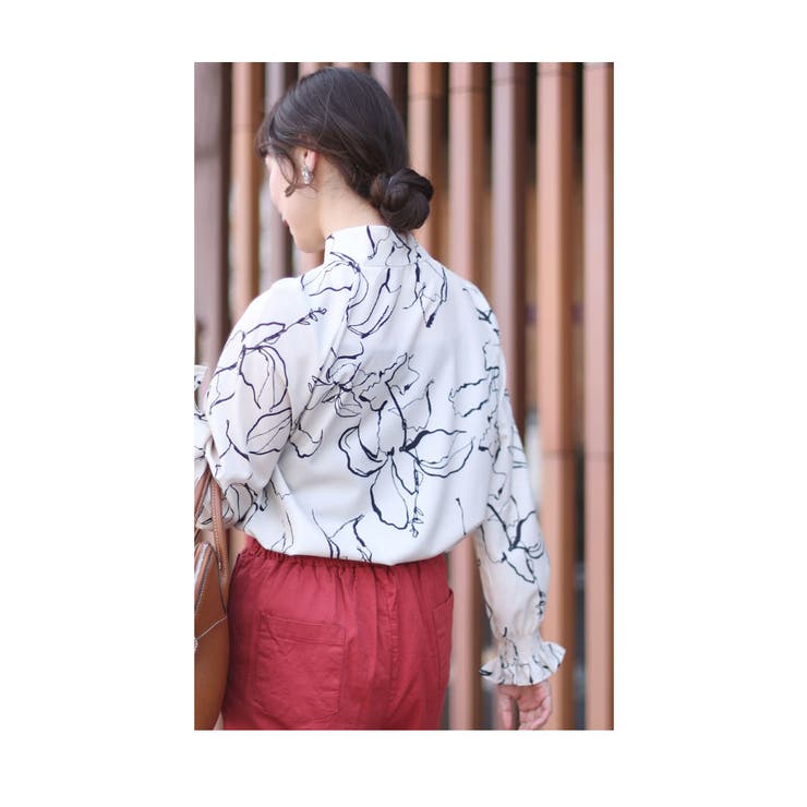 アートなお花のスタンドネックシャツブラウス【4月30日20時販売新作】