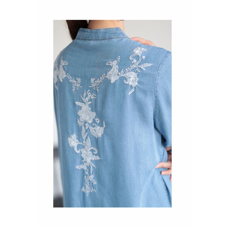 花刺繍デニムシャツチュニック レディース ファッション[品番