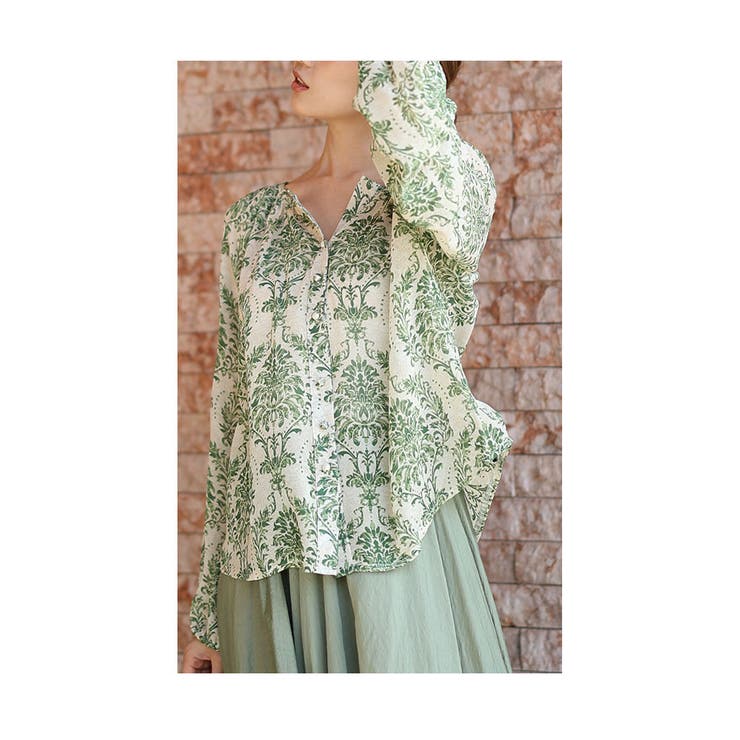 ナチュラルグリーンのダマスク柄シャツブラウス レディース ファッション | Sawa a la mode | 詳細画像3 