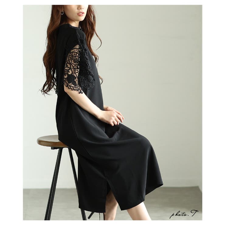 美しい袖レースのブラックワンピース レディース ファッション | Sawa a la mode | 詳細画像1 