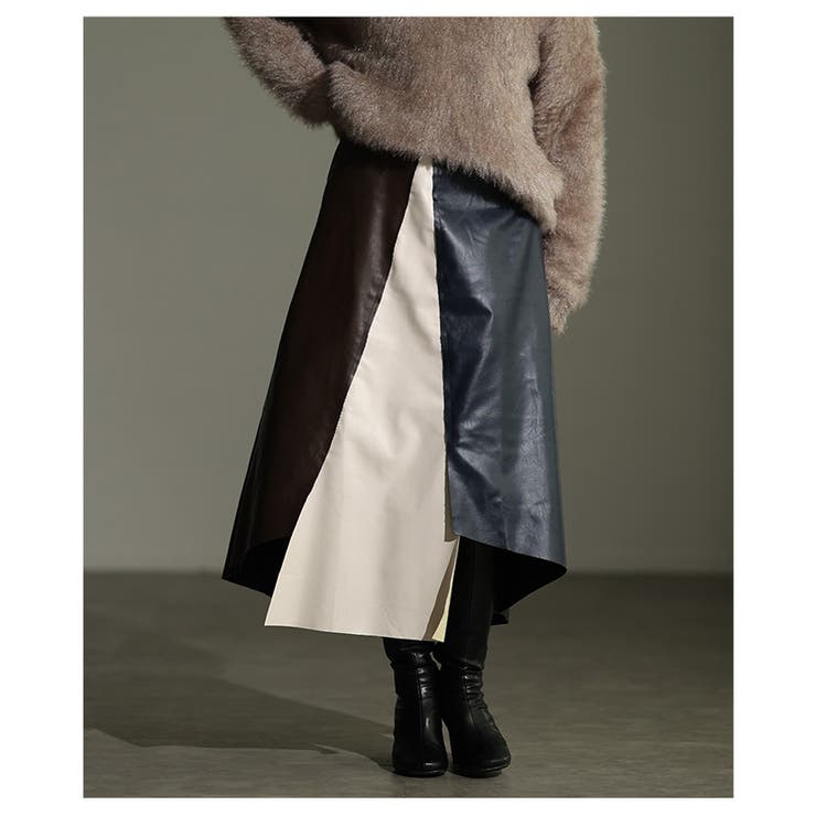 切替バイカラーのモードなアシンメトリーレザースカート レディース ファッション | Sawa a la mode | 詳細画像4 