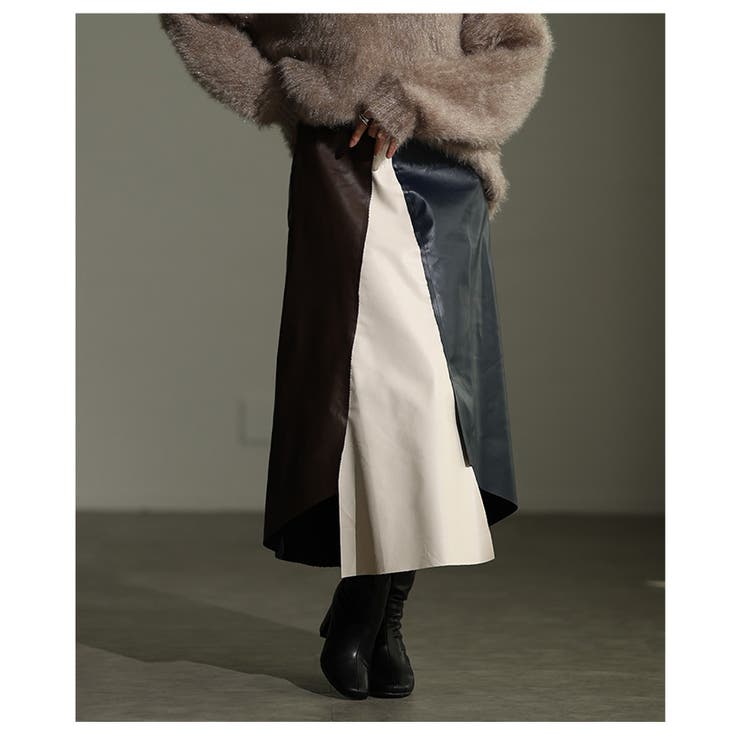 切替バイカラーのモードなアシンメトリーレザースカート レディース ファッション | Sawa a la mode | 詳細画像14 