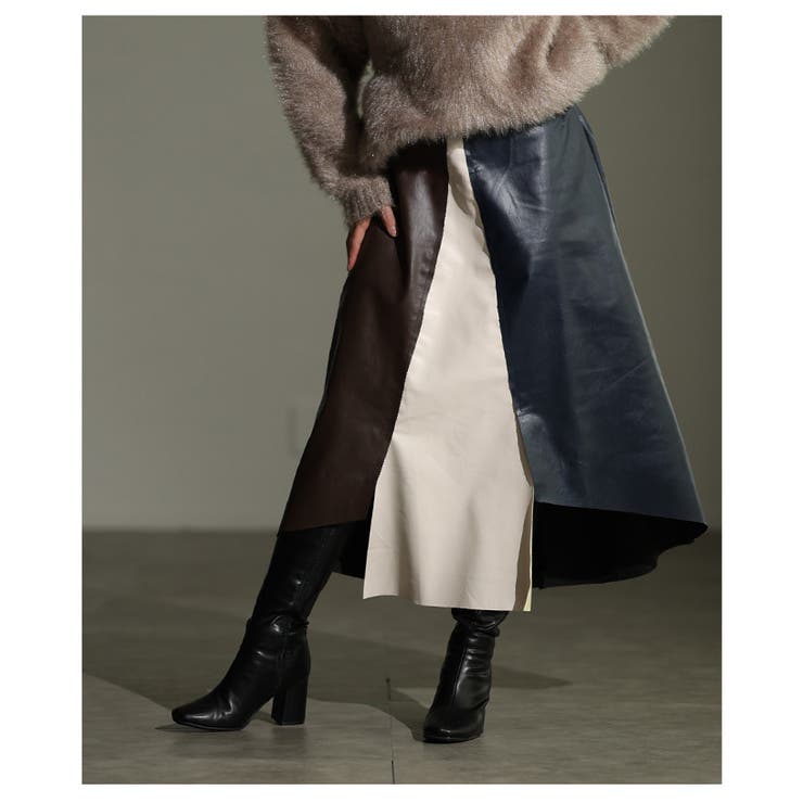 切替バイカラーのモードなアシンメトリーレザースカート レディース ファッション | Sawa a la mode | 詳細画像15 