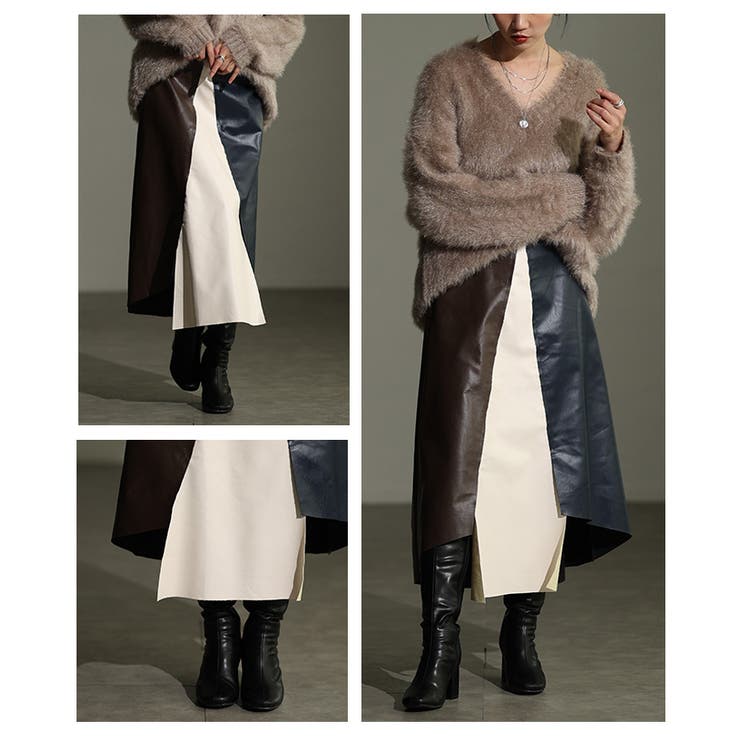 切替バイカラーのモードなアシンメトリーレザースカート レディース ファッション | Sawa a la mode | 詳細画像17 