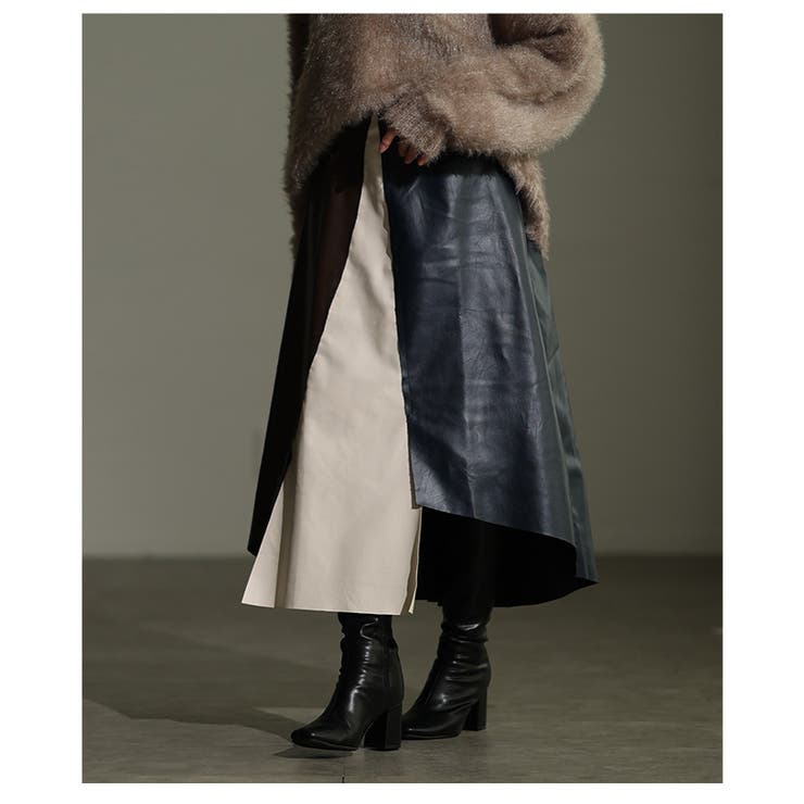 切替バイカラーのモードなアシンメトリーレザースカート レディース ファッション | Sawa a la mode | 詳細画像19 