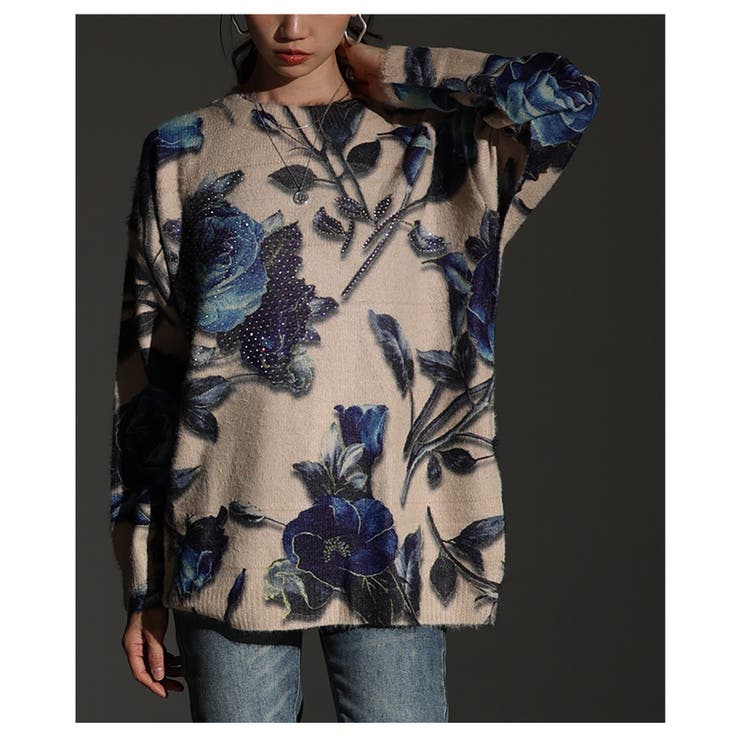 ストーン煌めく青い薔薇の起毛ニットトップス レディース ファッション | Sawa a la mode | 詳細画像9 