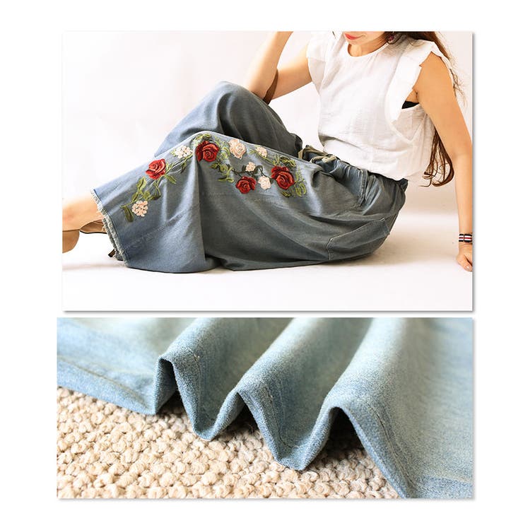 薔薇咲くラフな爽やかワイドデニムパンツ【6月24日8時販売新作】